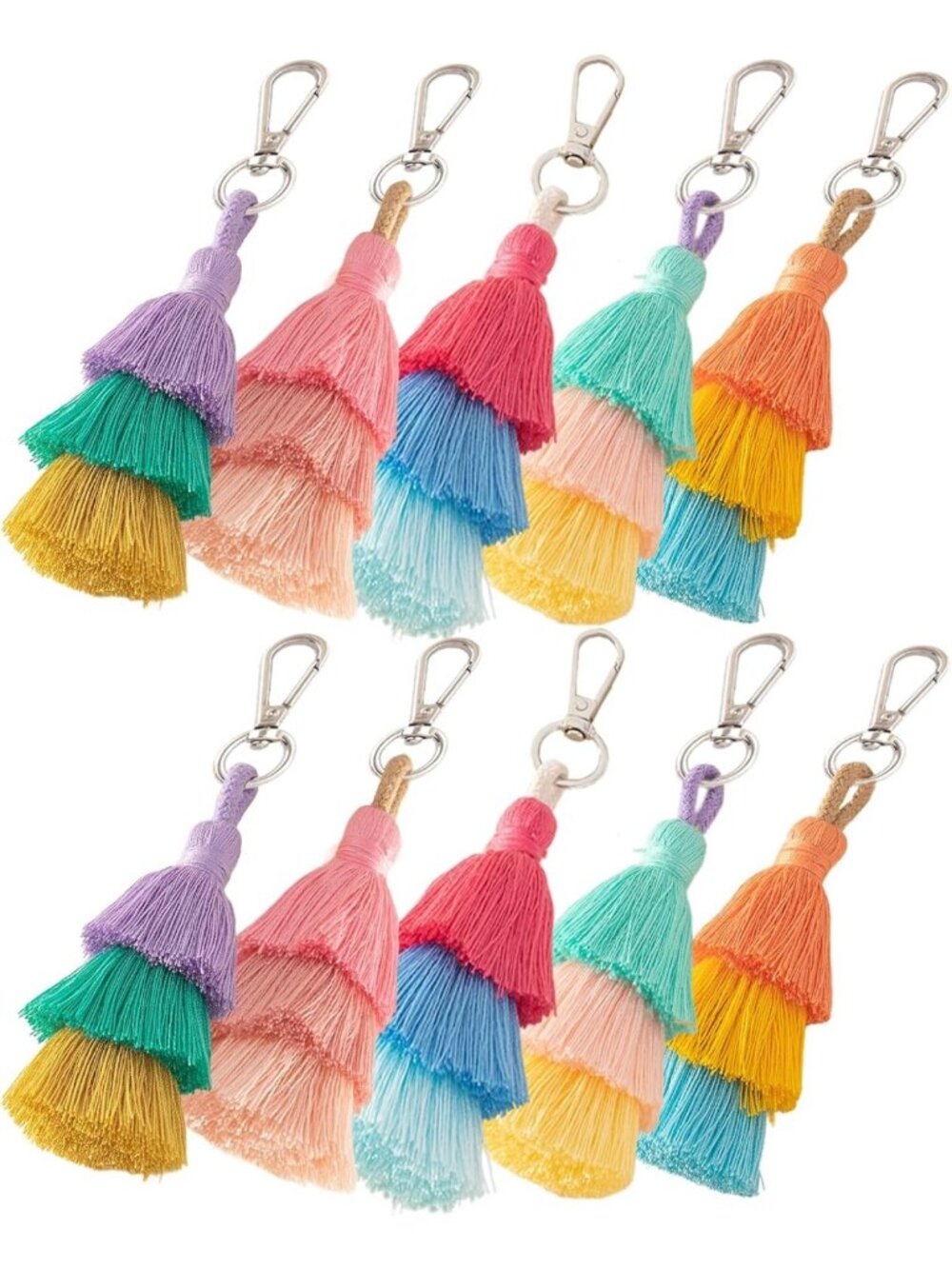 Bohemian Tri-Layered Colorful Tassel Keychains - 10pcs Car Key Chain Purse Charm